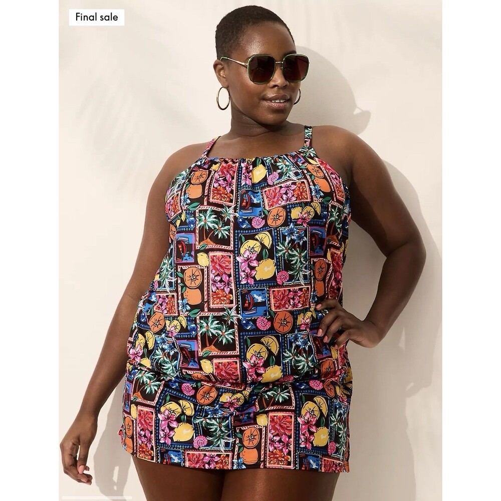 Lane Bryant Cacique Swim Set Size 42DD 22 Thanking Blouson And Skirt Black